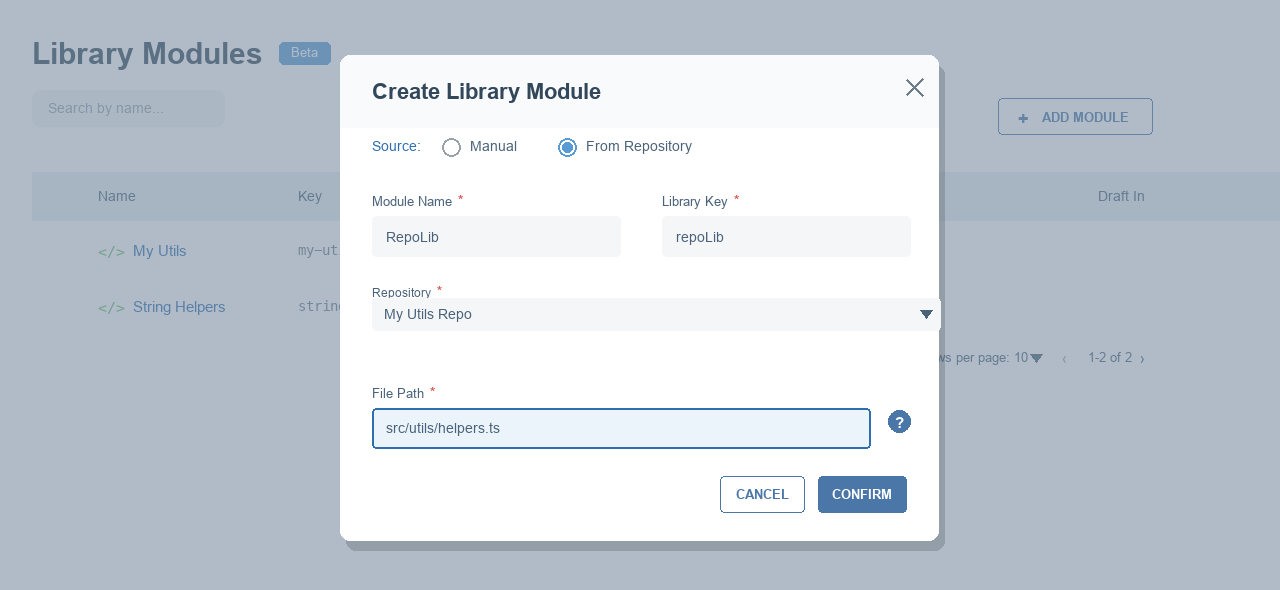 Create dialog filled from repository
