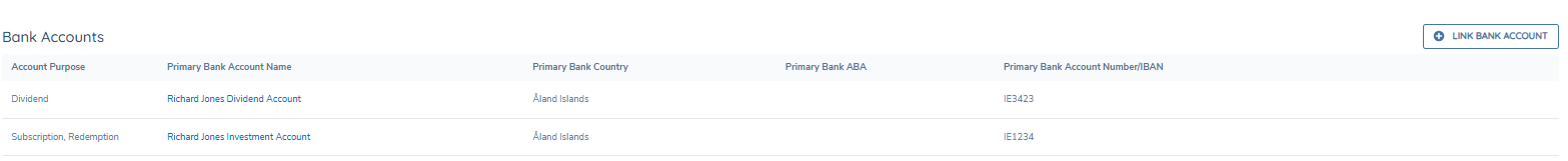 Bank Accounts grid showing Account Purpose