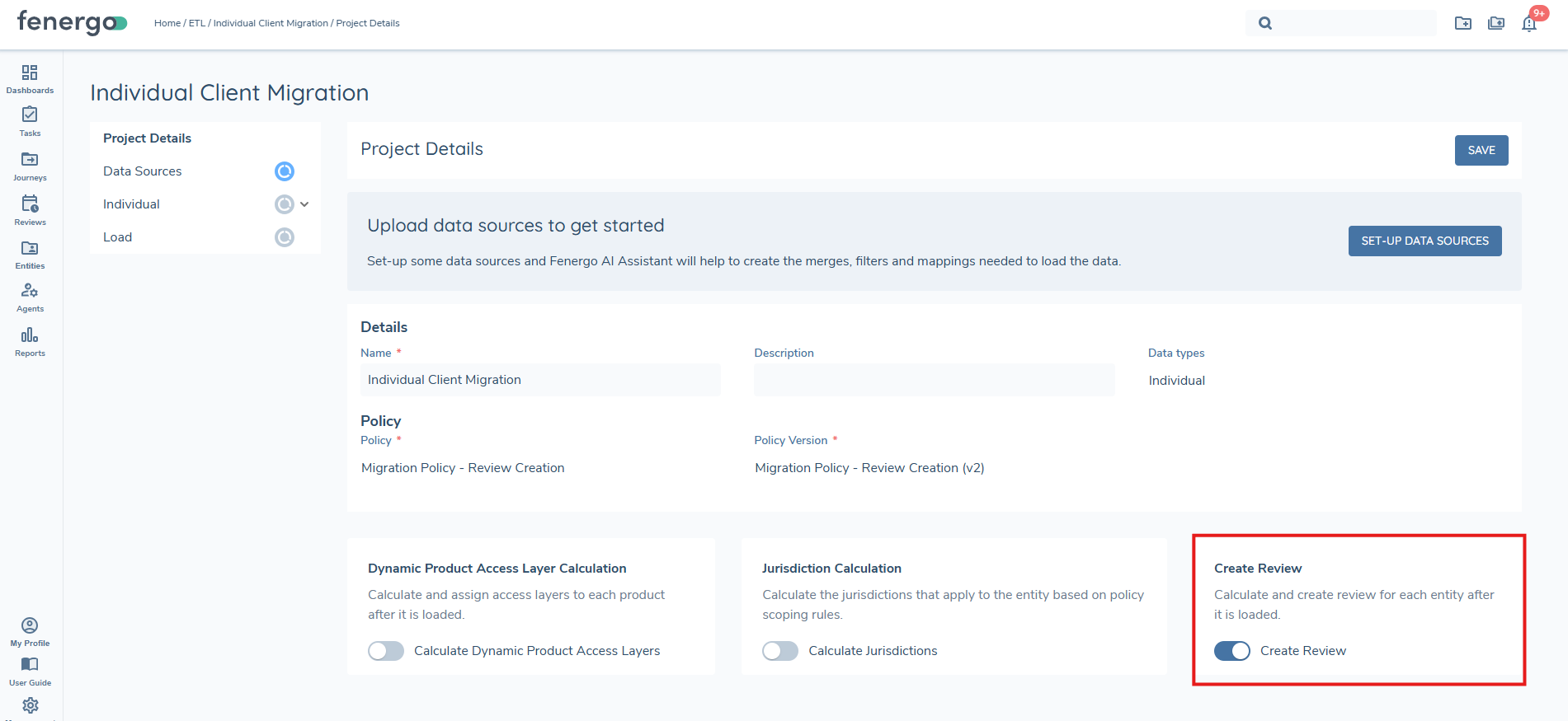 Create Review toggle on the Project Details screen