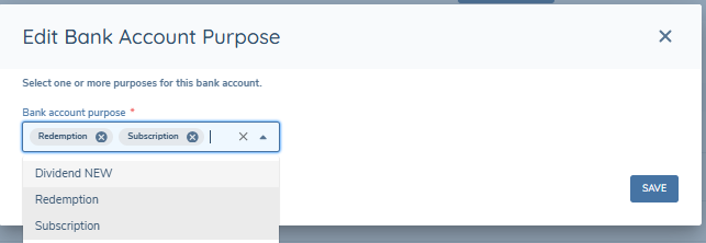 Edit Bank Account Purpose modal