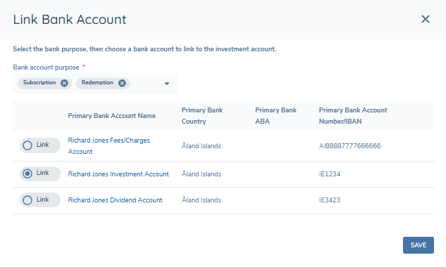 Link Bank Account modal with Bank account purpose