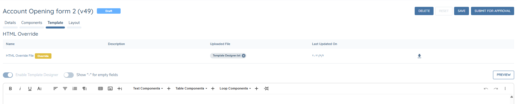 Preview button in the Template tab
