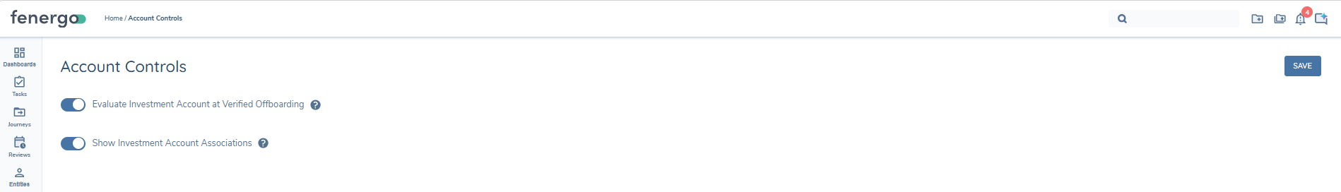 Account Control Configuration page under Management → Journey