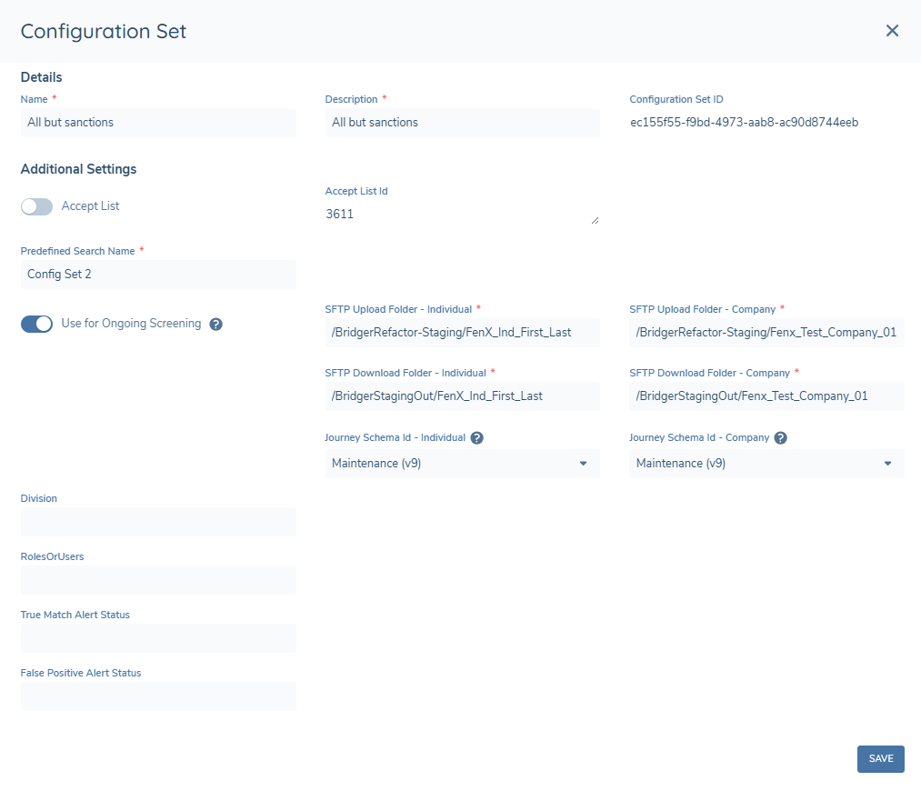 Configuration Set panel showing the Accept List, Use for Ongoing Screening toggle, SFTP folder fields, and Journey Schema ID fields