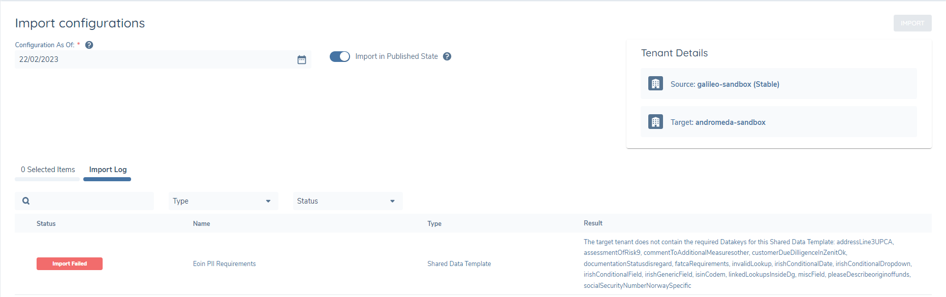 Datakeys Not Found in Target Tenant