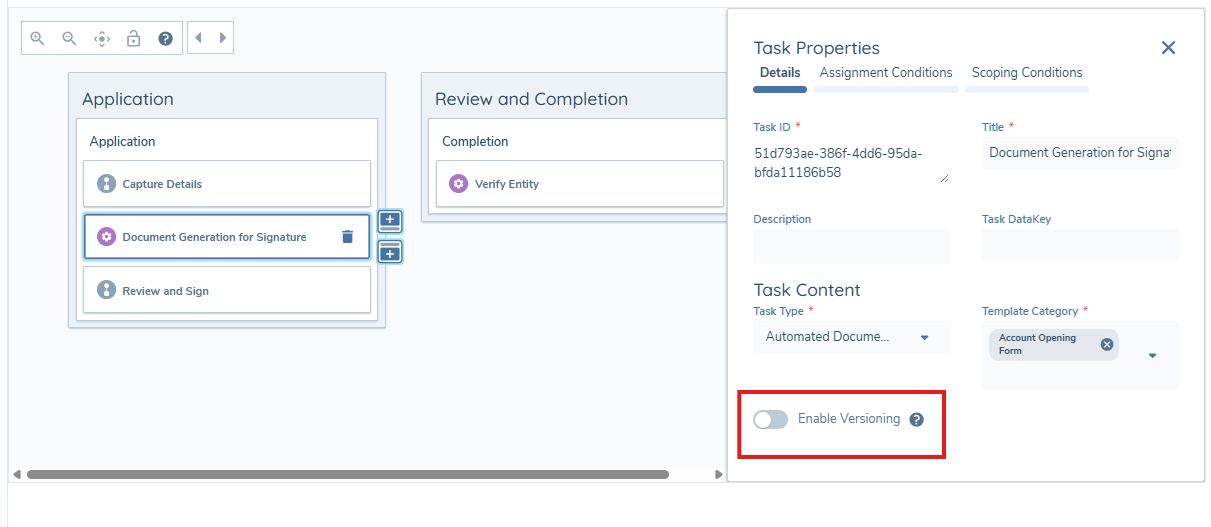 Enable Versioning toggle on the Automated Document Generation task's Details tab