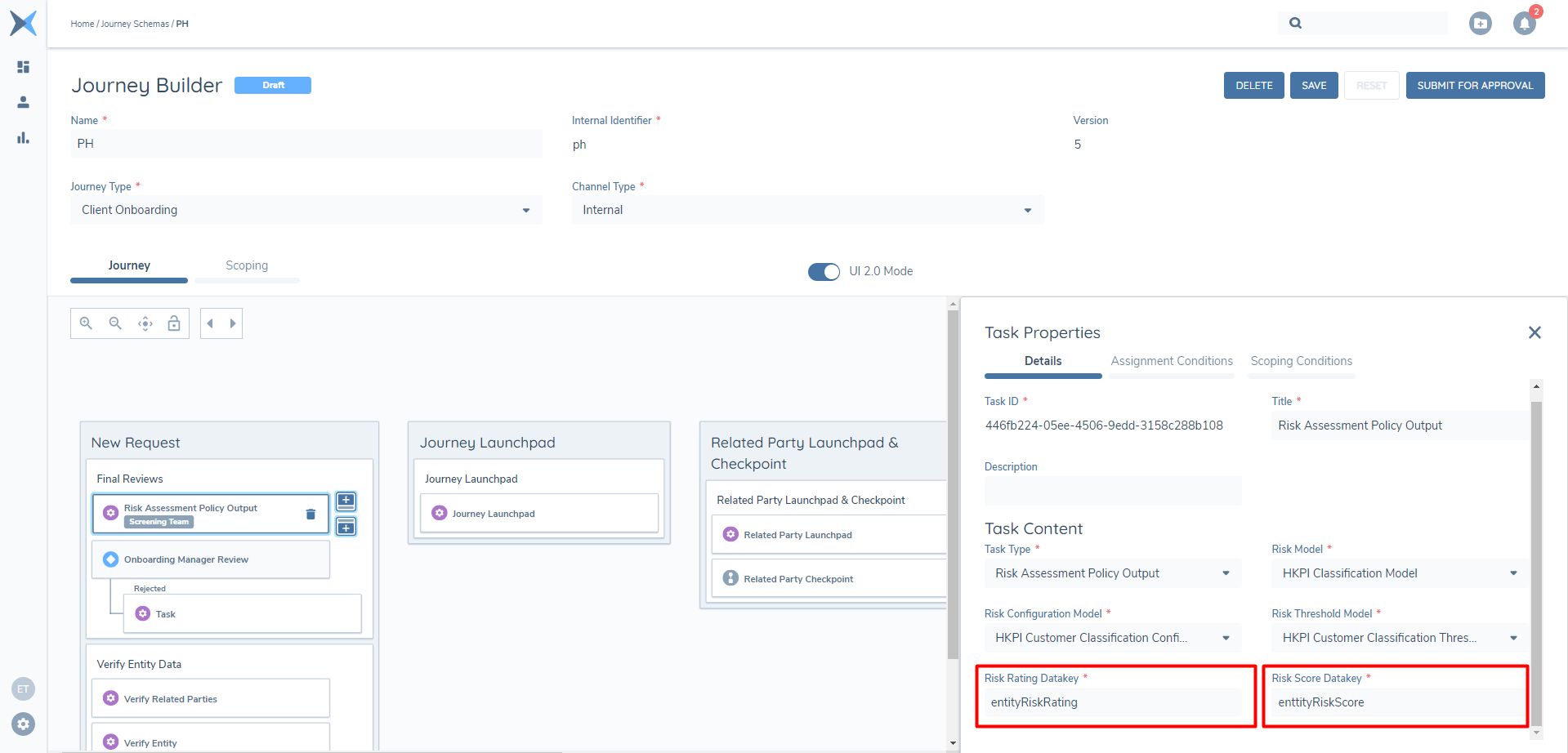 Risk Rating and Risk Score Datakey in Task Properties