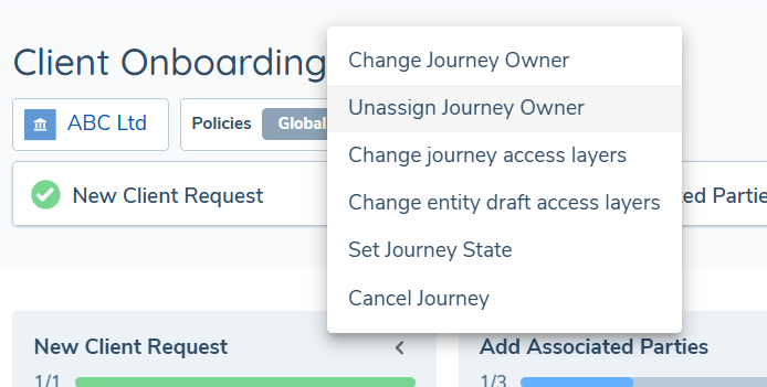 Journey Hub — Unassign Journey Owner option in the Journey Owner menu Journey Hub showing the Unassign Journey Owner option in the Journey Owner menu