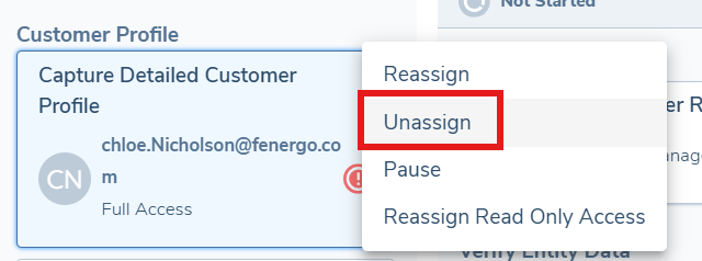 Journey Hub — Unassign option in the task owner controls Journey Hub task menu showing the Unassign option