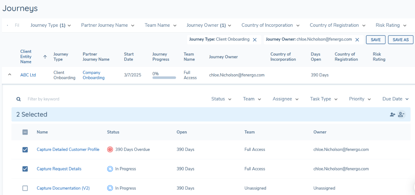 Journeys Dashboard task list — multi-select with unassign icon Journeys Dashboard task list with two tasks selected and the unassign icon visible in the toolbar