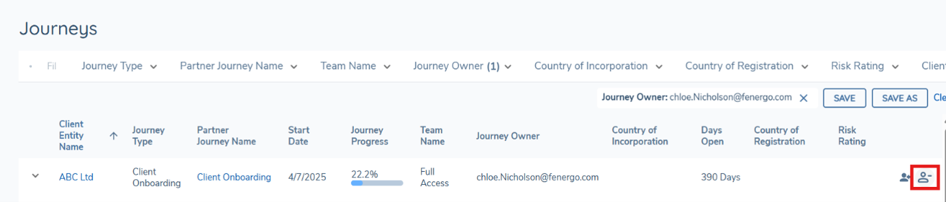Journeys Dashboard — unassign icon on a journey row Journeys Dashboard showing the unassign icon on a journey row