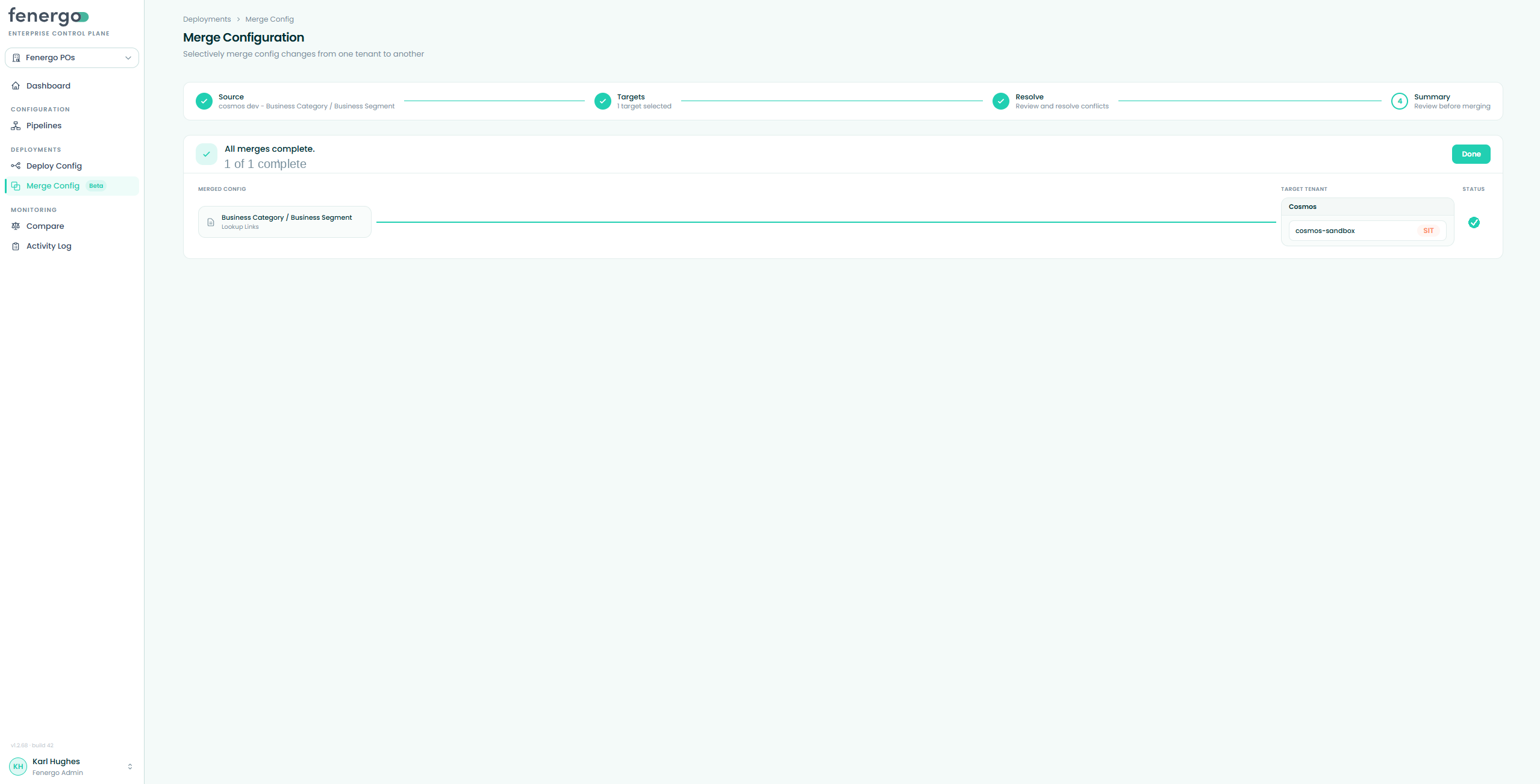 A completed merge, with the fan line and target status turning green once done Merge progress and completion