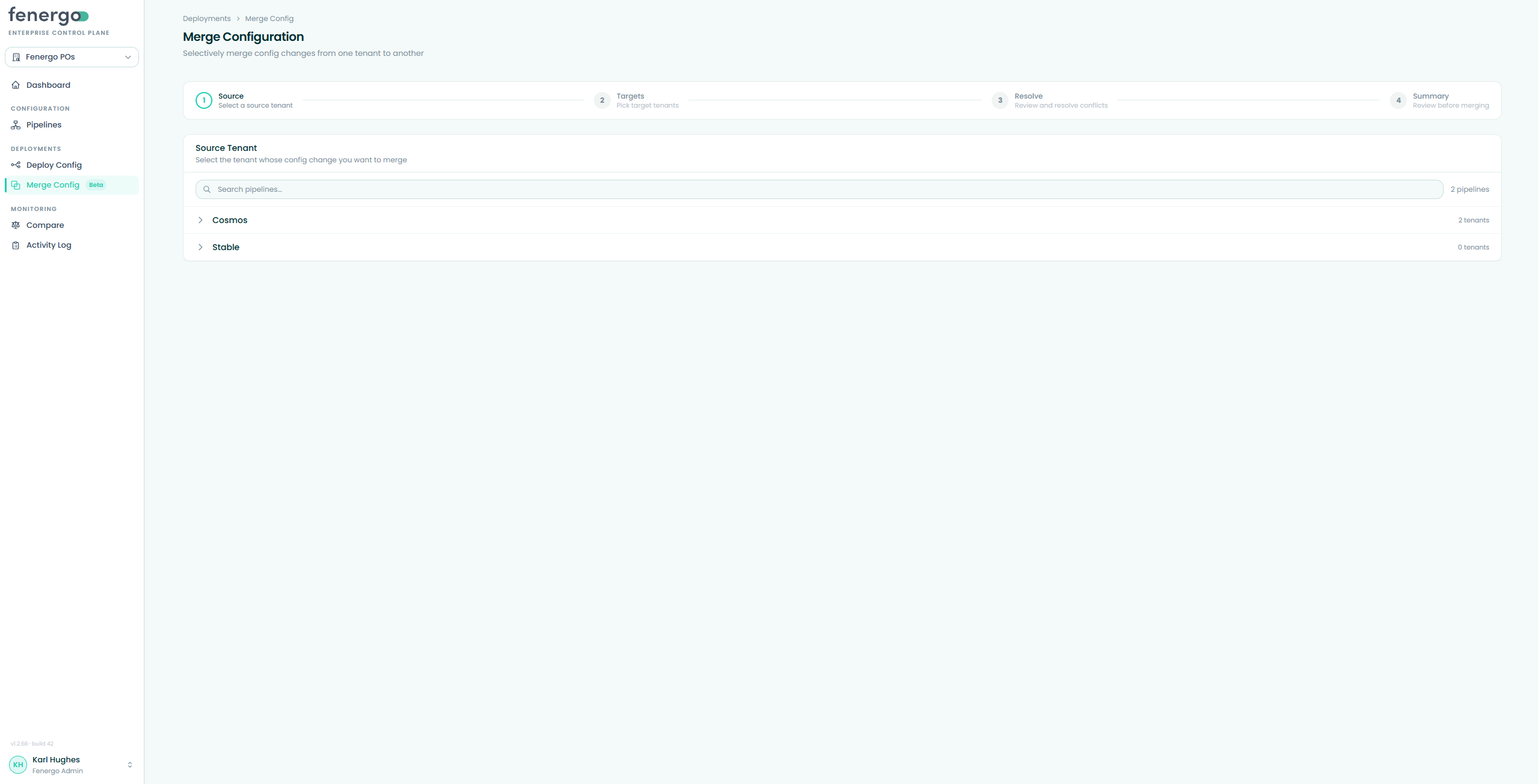 The Merge Config wizard's four steps, with the source tenant picker expanded Merge Config — Step 1: choosing the source tenant