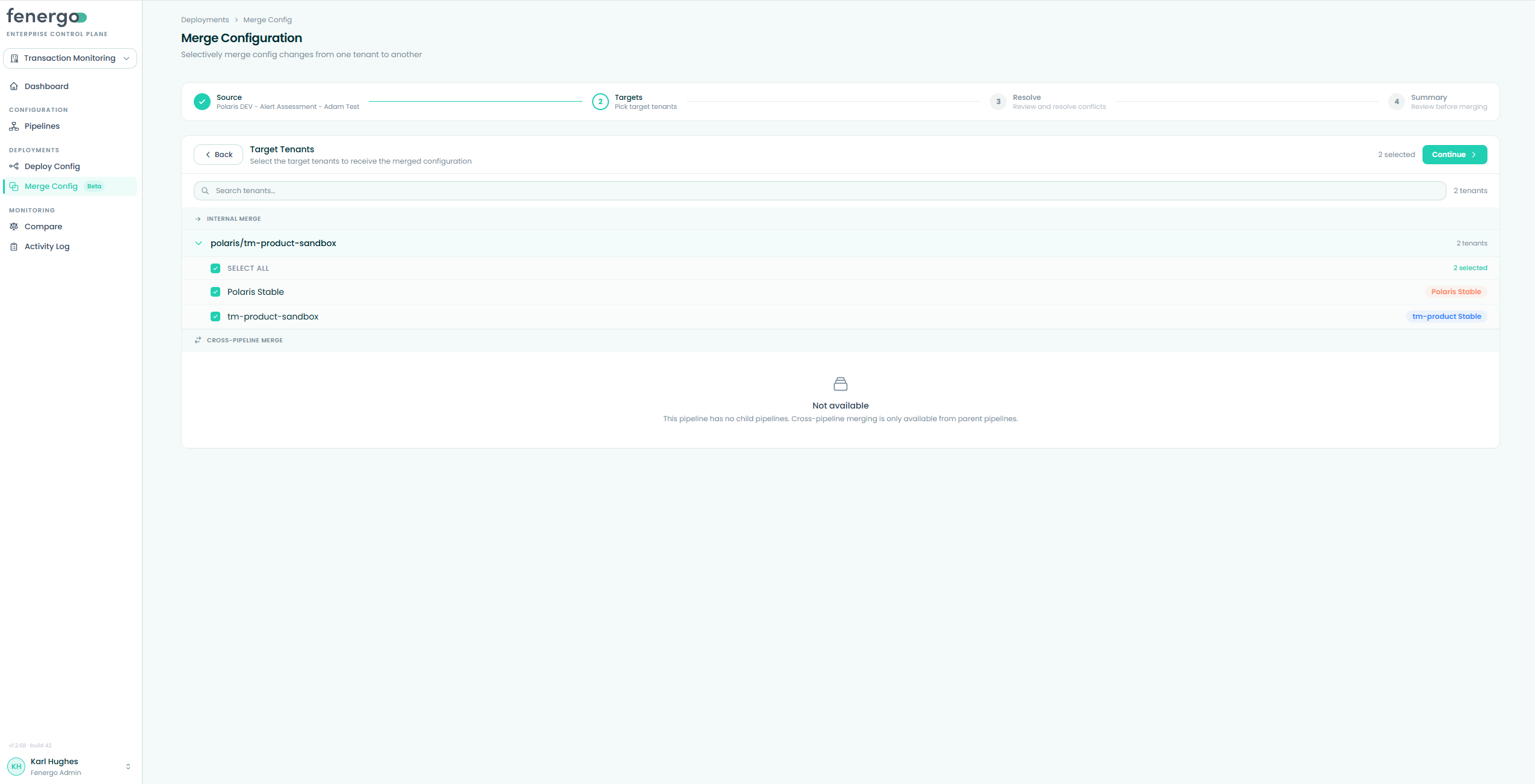 Target tenant selection, grouped into Internal Merge and Cross-Pipeline Merge Merge Config — Step 2: choosing target tenants