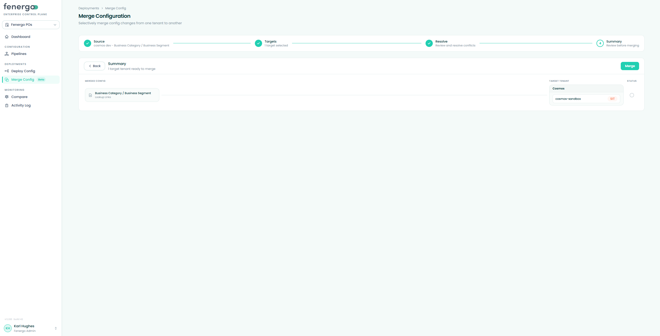 The summary before merging, listing the config file and target tenant Merge Config — Summary and confirmation