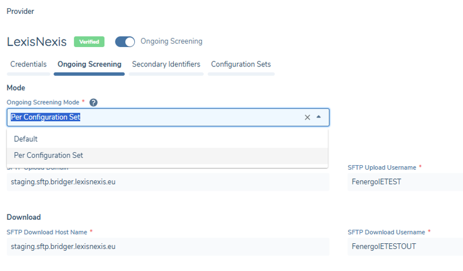 OGS Mode toggle on the Ongoing Screening tab, showing the Default and Per Configuration Set options