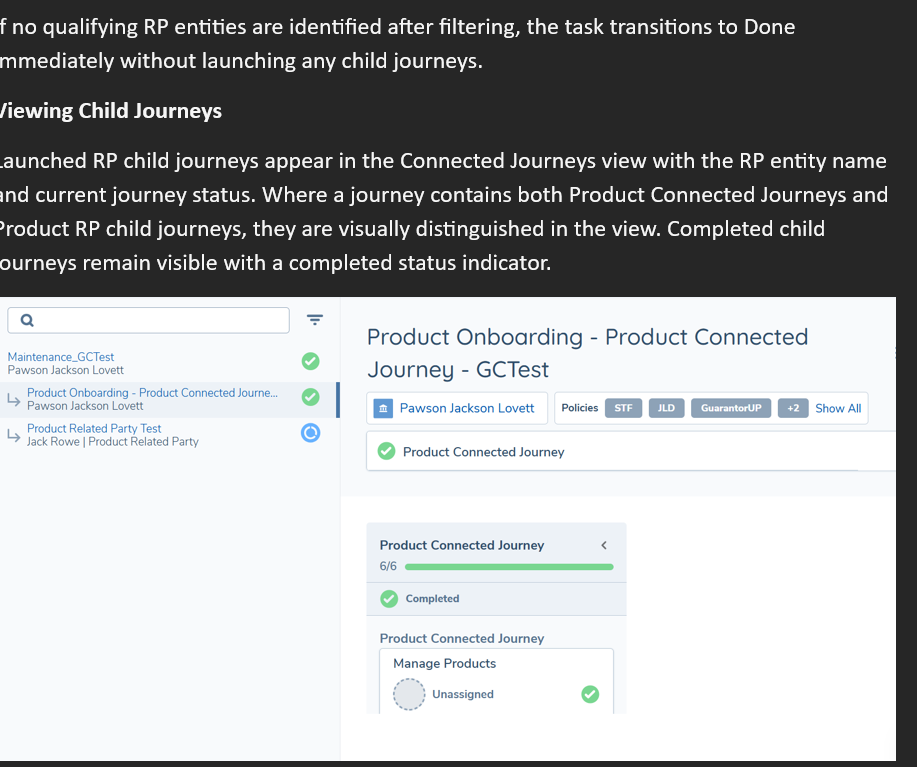Journey panel — Product RP child journey listed beneath the Product Connected Journey Journey navigation panel showing the Product Connected Journey and a Product RP child journey listed beneath it