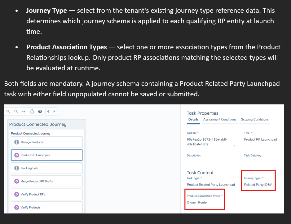 Journey Builder — Product RP Launchpad task configuration panel with Journey Type and Product Association Types fields highlighted Product RP Launchpad task configuration in Journey Builder showing Journey Type and Product Association Types fields
