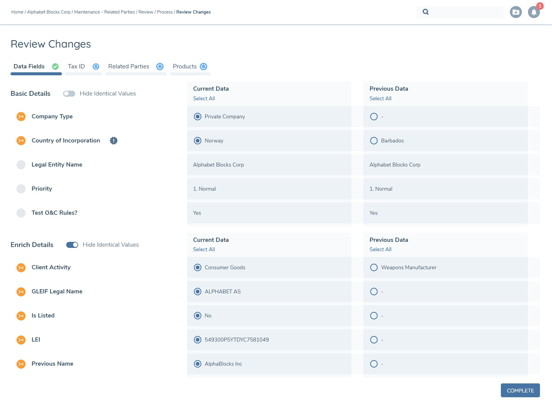 Data Changes Shown in Proposed Changes
