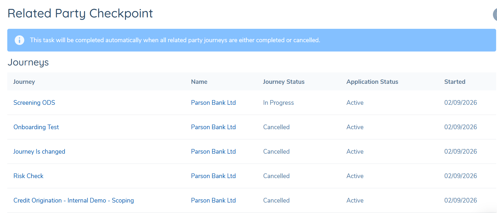 In-progress Related Party Checkpoint task with System Autocompletion set showing the informational banner disabled Complete button and RP journeys list