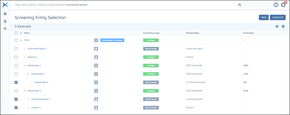 Screening Entity Selection Multi Select