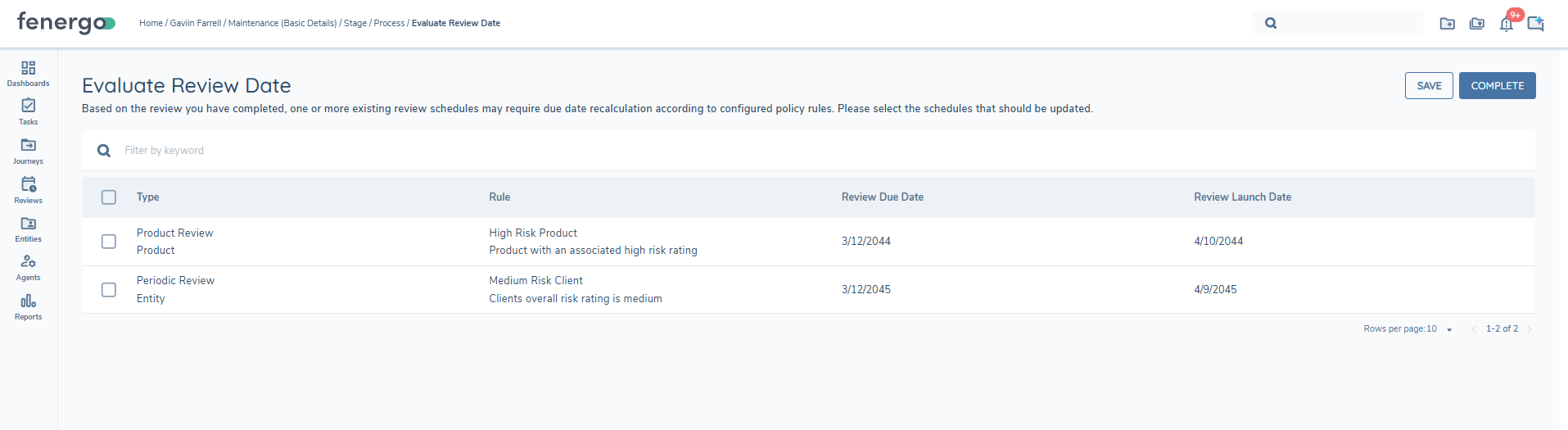 Evaluate review dates task screen