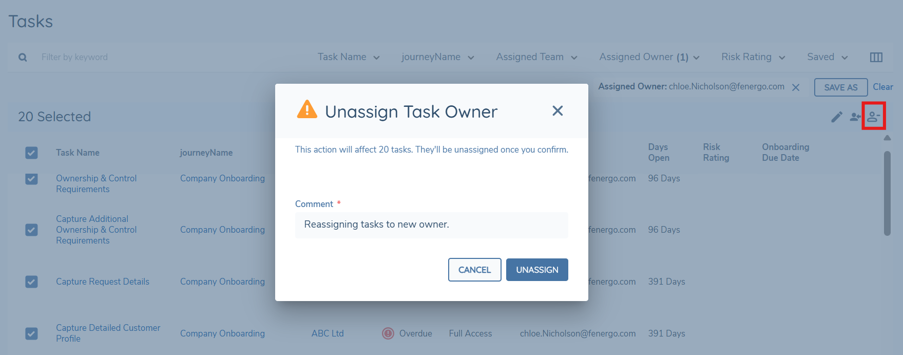 Tasks Dashboard — Unassign Task Owner modal Tasks Dashboard with tasks selected and the Unassign Task Owner modal open