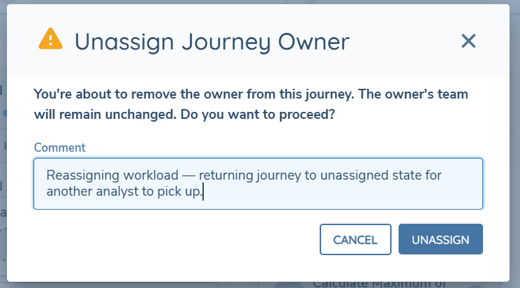 Unassign Journey Owner confirmation modal Unassign Journey Owner confirmation modal