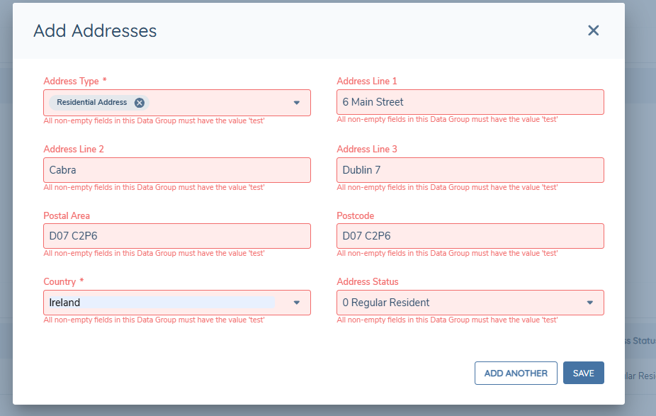 Add Addresses Data Group with external validation errors — each field displays the message: All non-empty fields in this Data Group must have the value test Add Addresses form showing external validation errors on all fields