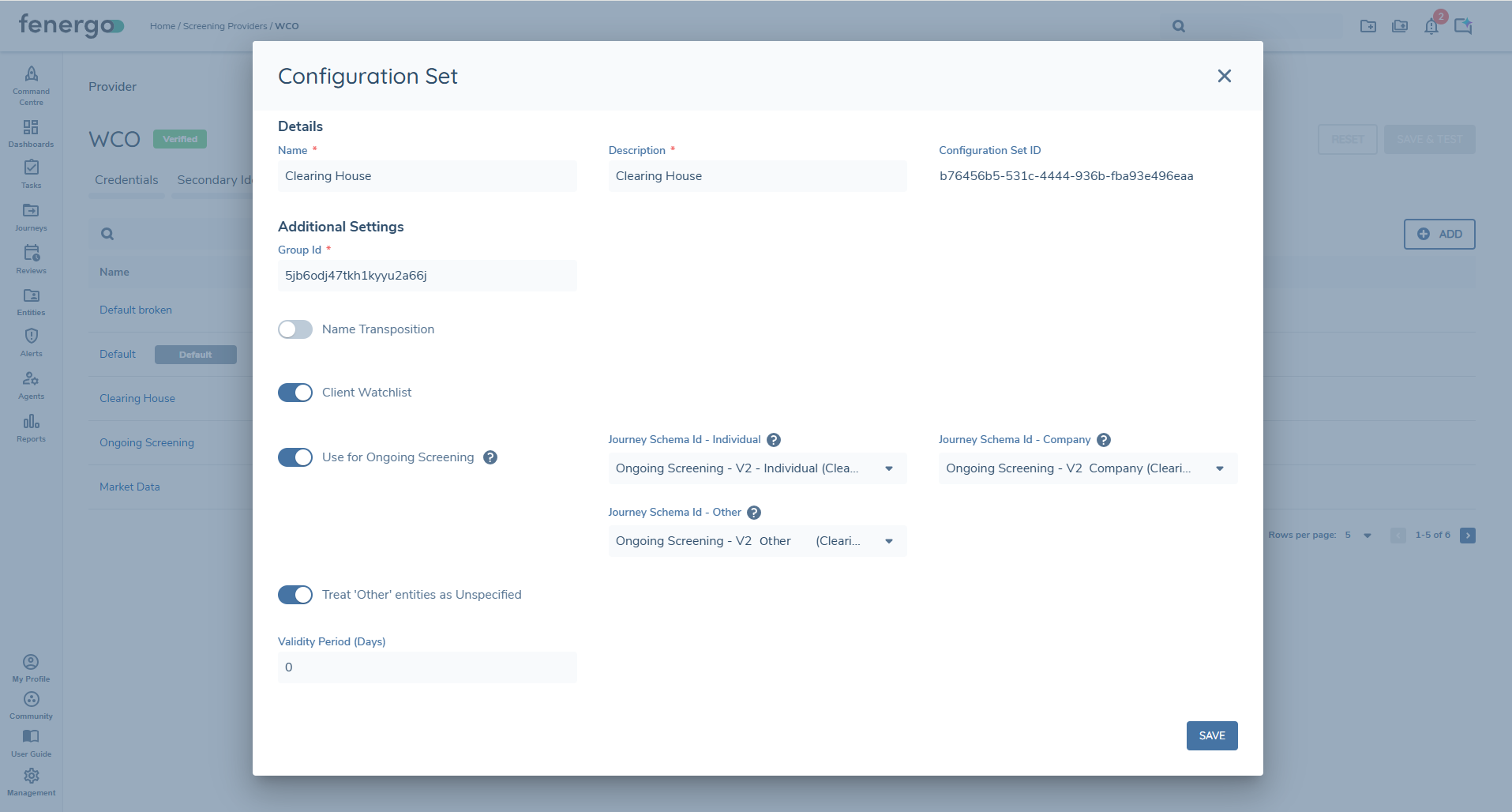 WCO Configuration Set panel showing the Use for Ongoing Screening toggle, the Journey Schema Id - Individual/Company/Other fields, and the Treat 'Other' entities as Unspecified toggle